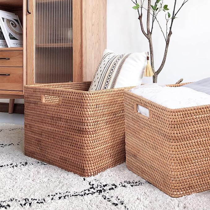 Rattan Basket With Lid, Large Lidded Basket For Storage(17.72" L×17.72" W×11.81" H)
