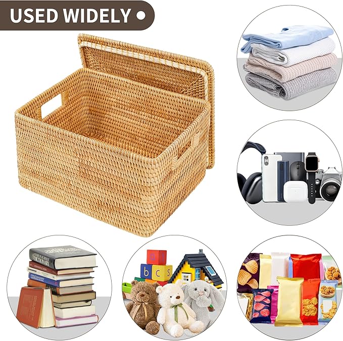 Rattan Basket With Lid,Large Storage Basket Lidded,Rattan Box For Shelf (14.2" L×10.2"W×9.4"H)