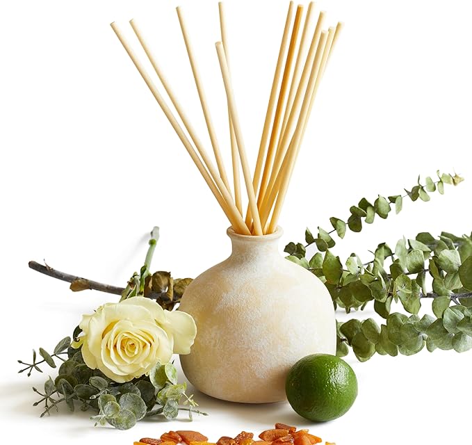 BLUEME Focus-Eucalyptus & Lime, 16.91 Fl Oz Wellness Diffuser, Contains Essential Oil, Sustainable, Hand Finished, Premium, Luxury Ceramic, Natural Rattan Reeds