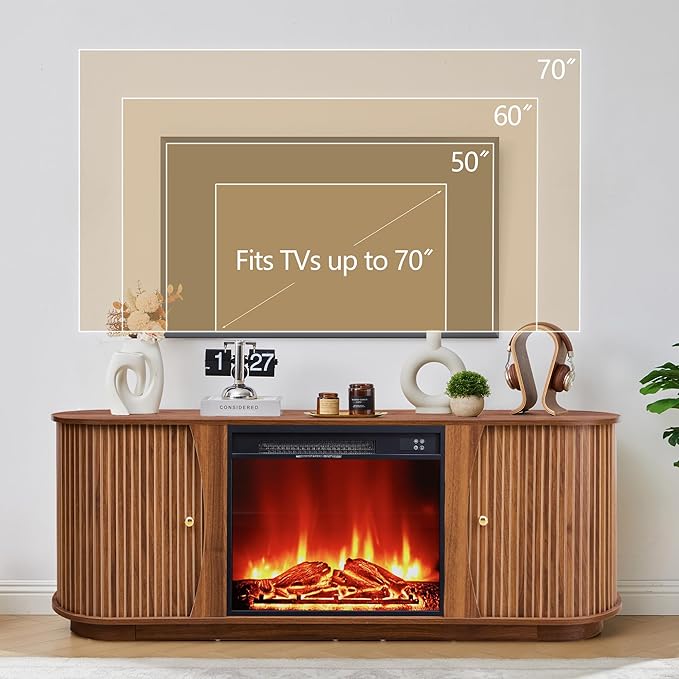 63" Fireplace TV Stand for TVs Up to 70" with 23" Electric Fireplace, Mid-Century Modern Fluted TV Media Console Table with Storage and Shelf, Curved Edge Entertainment Center for Living Room(Walnut)
