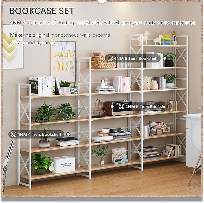4NM Extra Wide 6 Tiers No Assembly Book Shelves, 61.8" H Folding Bookshelf Bookcase Open Industrial Foldable Shelves for Bedroom, Living Room, Home Office - Natural White