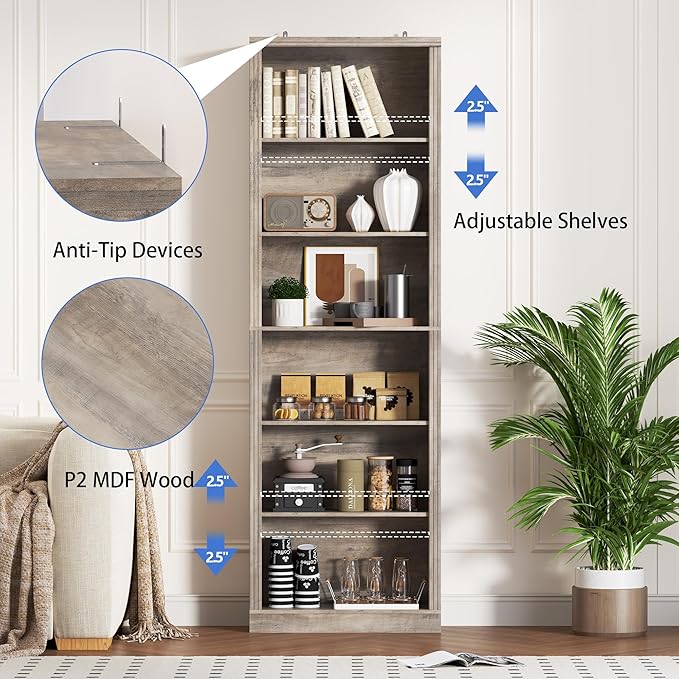 75" Tall Bookshelf, 6-Tier Floor Standing Bookcase with Adjustable Shelves, 24" Wide Open Storage Shelf, Modern Display Organizer for Home Office, Living Room, Bedroom, Study