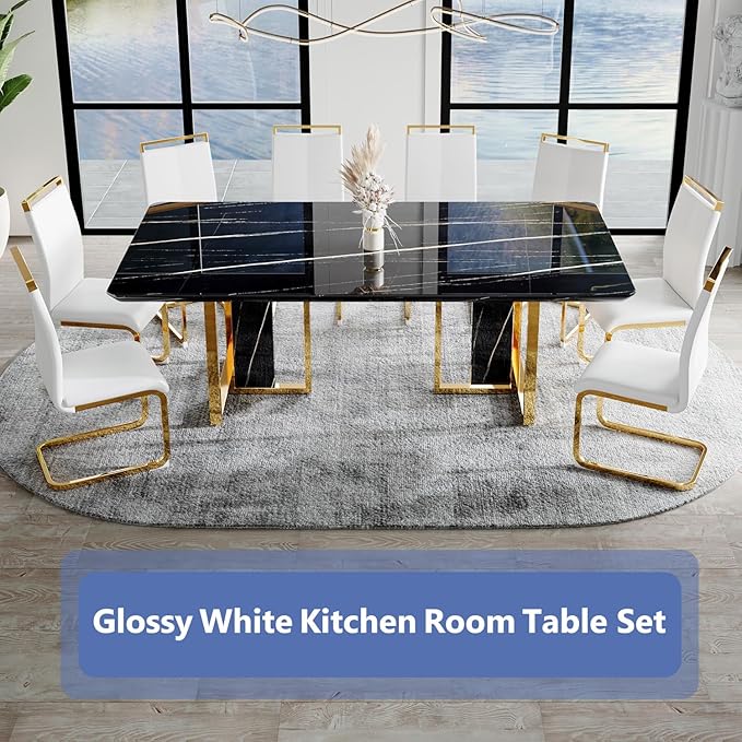 JUFU Dining Table Set for 8, 79'' Kitchen Table Chairs Set with Glossy Faux Mareble Table Top, Black Rectangle Dining Room Table Set for 8, 9 Piece Kitchen Table and Chairs Set for Kitcken Dining Room