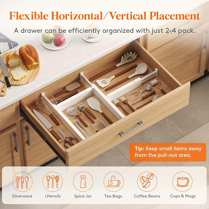 Lifewit 4 Pack Kitchen Drawer Dividers 2.36" High, 16"-22" Adjustable Drawer Organizer for Utensils/Clothes/Makeup, Plastic Expandable Separators in Dresser/Bedroom/Bathroom/Office Storage