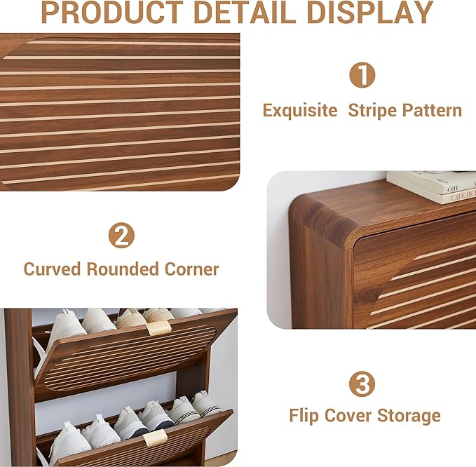 Curved Shoe Storage Cabinet for Entryway with 2 Flip Drawers, Wood Narrow Shoe Cabinet with Arched Panel, Freestanding Shoe Organizer Closed Shoe Rack for Hallway, Foyer, Walnut