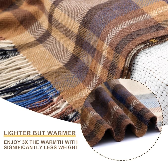 Brown Plaid Throw Blanket for Couch,100% Wool Throw Blanket for Home Decor, Soft Lightweight Cozy All Season Decorative Vintage Blankets for Travel,Bed, Sofa, Chair, Outdoor 55'' x 83''/2LBS