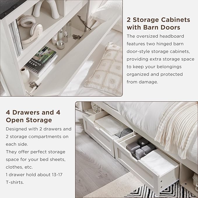 Farmhouse Queen Size Wood Bed Frame with 52" Tall Storage Headboard and 4 Drawers,LED Light,Charging Station,Solid Wood Slats Support,Noiseless,No Box Spring Needed,Antique White