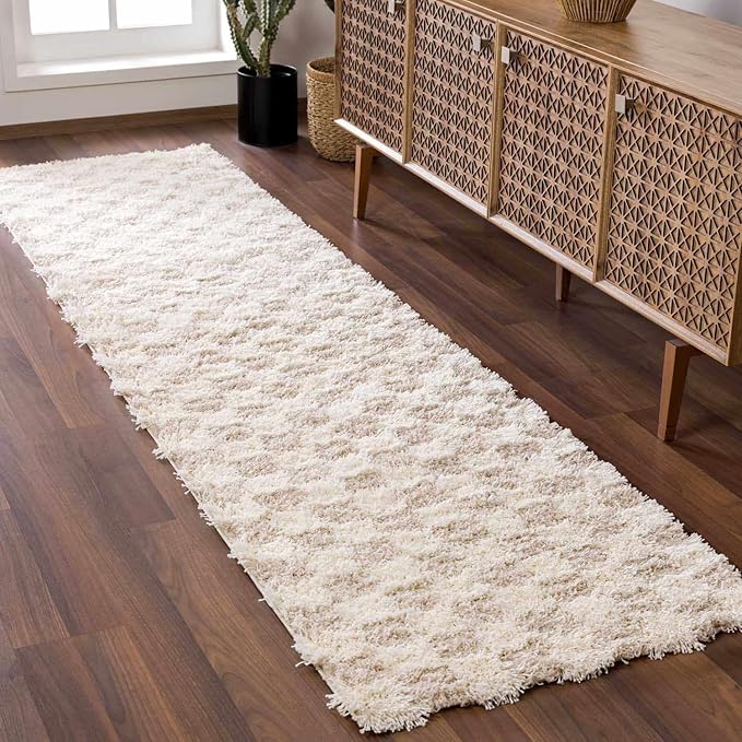 Hauteloom Atira Contemporary Checkered Fluffy Shag Runner Rug - Modern Geometric Carpet Tiles for Hallway, Kids Room - Plush Pile Carpet Squares - Cream,Light Beige - 2'7" x 10'