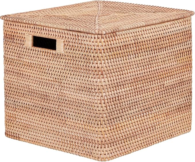Rattan Basket With Lid, Large Lidded Basket For Storage(17.72" L×17.72" W×11.81" H)