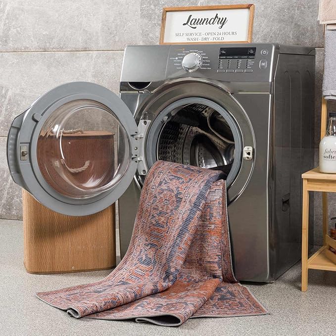 BoutiqueRugs Taber Farmhouse Runner Rug - Machine Washable - Blue, Burnt Orange, Pale Blue - 2'7" x 7'3" Runner