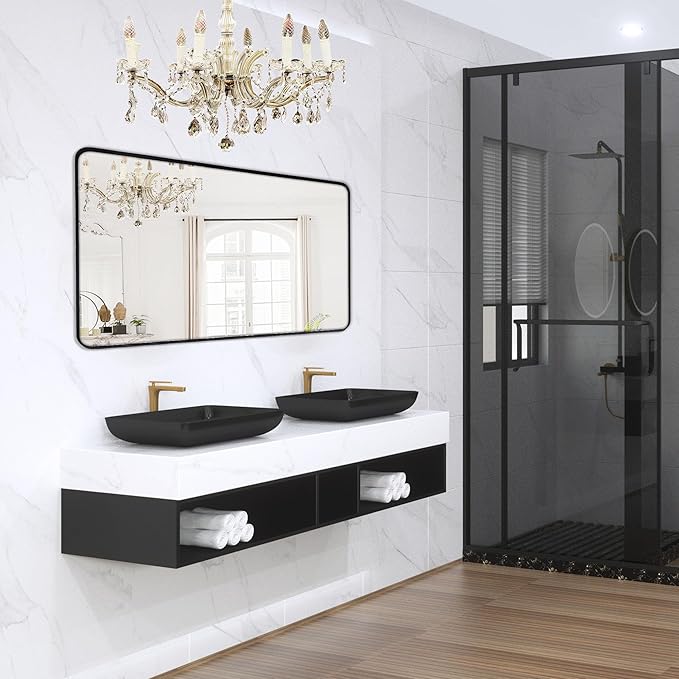 Wall Mount Mirror for Bathroom, Brushed Black Metal Framed Large Rounded Corner Rectangular Vanity Mirror, Tempered Glass (30" x 55", Black)