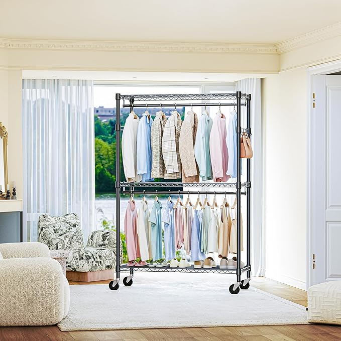 IZEUK Heavy Duty Rolling Garment Rack with 3 Adjustable Wire Shelves, Hanging Rod & Side Hooks - Extra Large Mobile Clothes Rack with Wheels, 47.2" W x 17.7" D x 83.6" H, Black