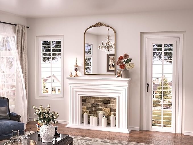 Keonjinn Vintage Mirror Gold 24" x 36", Arched Decorative Mirrors for Wall Decor, Antique Mirrors Bathroom, Ornate Baroque Brass Mirror for Mantle, Entryway, Living Room, French Cleat Mounting