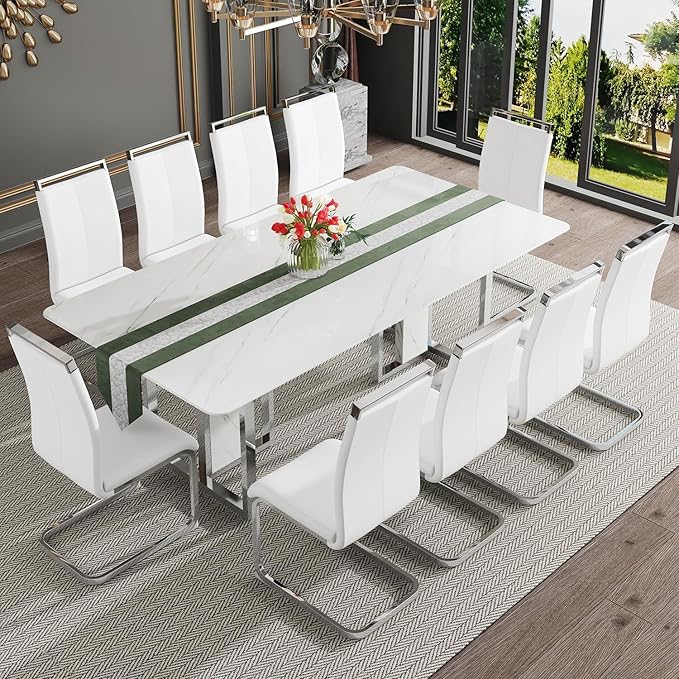 79'' Modern Dining Table Set for 10,White Kitchen Table Set,Luxury Dining Table Set with 1.8-inch Thick Faux Marble Table Top＆10 Pu Leather Upholstered Chairs Ideal for Dining kicken Room