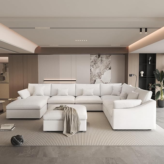Cloud Couch Modular Sectional Sofa,156" Oversized U Shaped Couch with Ottoman,Down Filled 8 Seater Convertible Sofa Bed Living Room Set,Covers Washable&Replaceable (White)