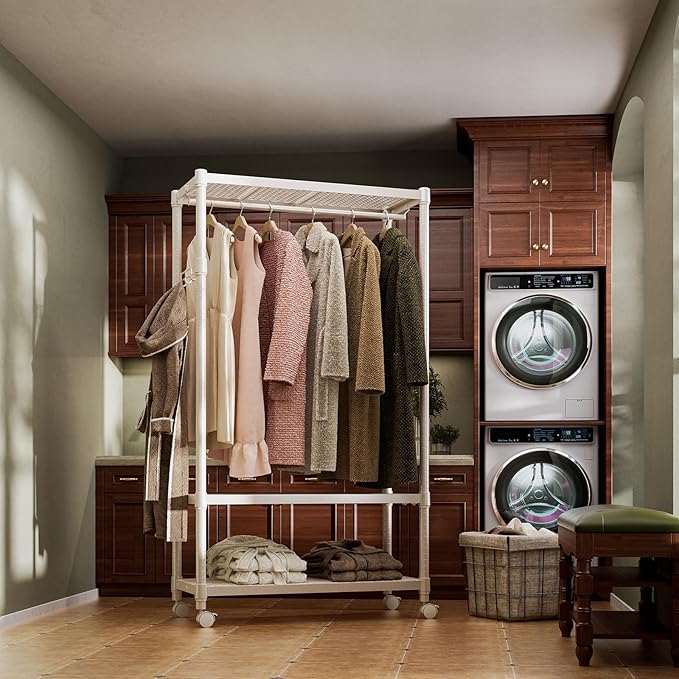 IZEUK Heavy Duty Rolling Garment Rack Wire Clothes Rack for Hanging Clothes, Metal Freestanding Closet Wardrobe Rack 3-Tier Clothing Rack with Wooden Boards Gold 17.7" D x 33.5" W x 70.3" H