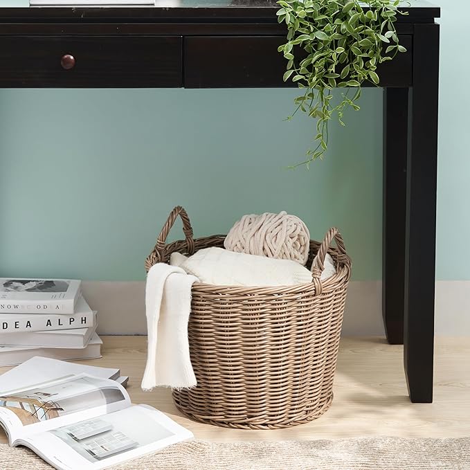 Joseph Round Cone Woven Resin Wicker Basket with Handles (16" x 16" x 10.5" - Chocolate Brown) - Perfect for Halloween, Thanksgiving, and Everyday Storage