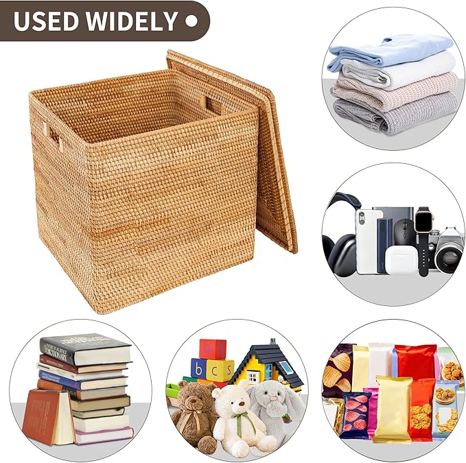 Rattan Basket With Lid,Large Storage Basket Lidded,Rattan Box For Shelf (12.6" L×12.6"W×12.6"H)