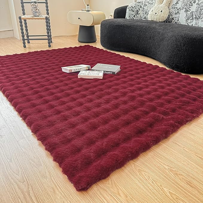 Wine Red Rabbit Plush Area Rug for Bedroom Living Room Sofa,4'X6' Faux Fur Fluffy Shaggy Rectangular Square Rug for Kids Teen Girls Room,Furry Carpet Rug for Nursery Baby Room Decor for Teenage