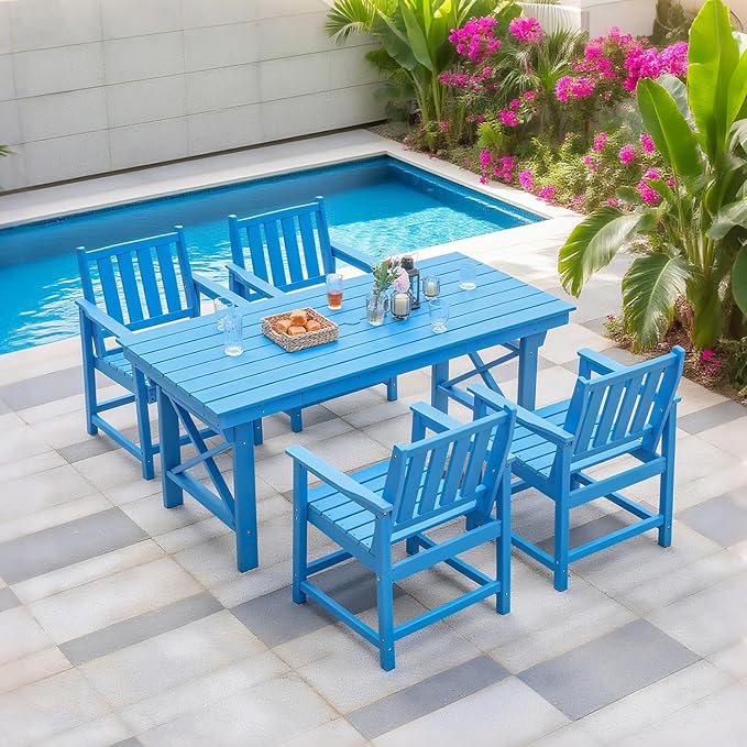 QUASCO 5-Piece Patio Table Set, Outdoor HDPE Dining Furniture Set with Umbrella Hole All Weather Table and 4 Chairs for Lawn, Garden, Poolside, Backyard, Blue