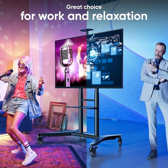 ONKRON Mobile TV Stand on Wheels for 55-90 Inch TVs up to 198 lbs, Height Adjustable TV Portable Stand, VESA 200x200-800x600, Movable TV Cart Rolling TV Stand with Shelf Black