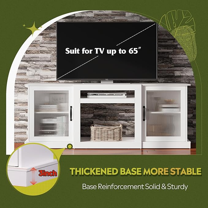 WLIVE Farmhouse TV Stand for 75 inch TV, Entertainment Center with Storage Cabinets, Mid Century Modern TV Console for Living Room, Bedroom, White