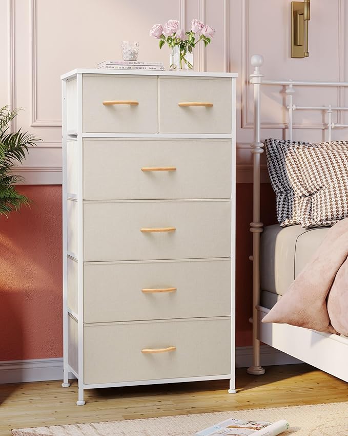 Crestlive Products Dresser for Bedroom Tall Skinny Dresser Storage Tower - Sturdy Steel Frame, Wood Top, Fabric Bins, Wood Handles - Organizer Unit for Entryway, Hallway, Closets - 6 Drawers (Beige)