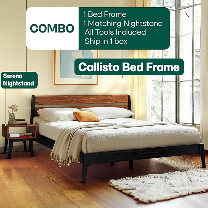 Acacia Callisto King Solid Wood Platform Bed Frame with Headboard – Gift Matching Nightstand Included, Mid-Century Modern, Black Ristretto, No Box Spring Needed, Sturdy, Easy Assembly
