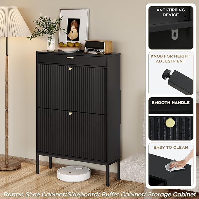 Brafab Shoe Rack Storage Organizer, Shoe Storage Cabinet with 2 Flip Drawers&1 Small Drawer, Slim Entryway Shoe Organizer with Fluted Panel Doors,Dark Black