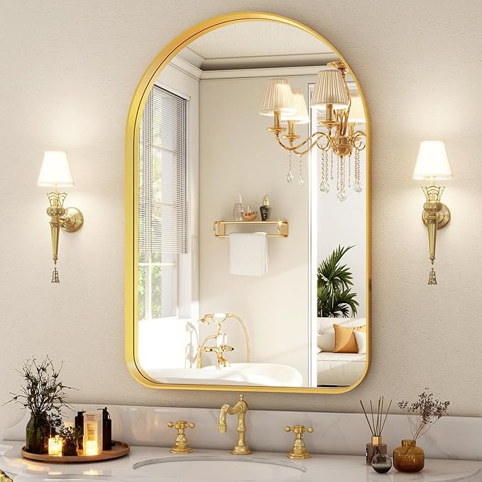 Arched Bathroom Mirror - 38x26 Inch Gold Bathroom Mirror for Wall - Aluminum Alloy Framed Mirror - Arched Top Bathroom Vanity Mirror for Living Room, Bedroom, Mantel, Entryway, and Hallways