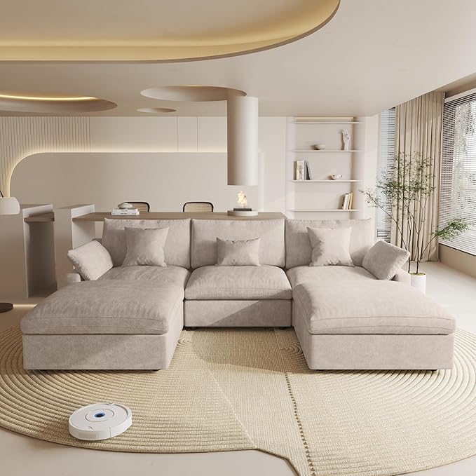 Cloud Couch Modular Sectional Sofa,119.29" U Shaped Couch, Oversized Down Filled Convertible Wide Seater,3 Seater with 2 Ottomans for Living Room Set, Covers Washable&,Khaki