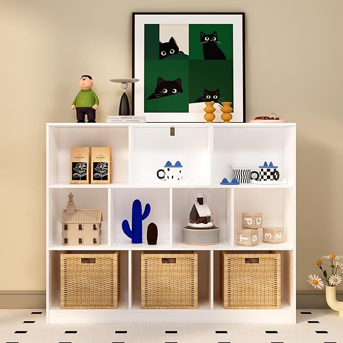 10-Cube Wooden Bookshelf with Base,3-Tier Freestanding Open Storage Organizer,Multi-Functional Bookcase for Living Room,Bedroom,Study and Office (White, 10-Cube)