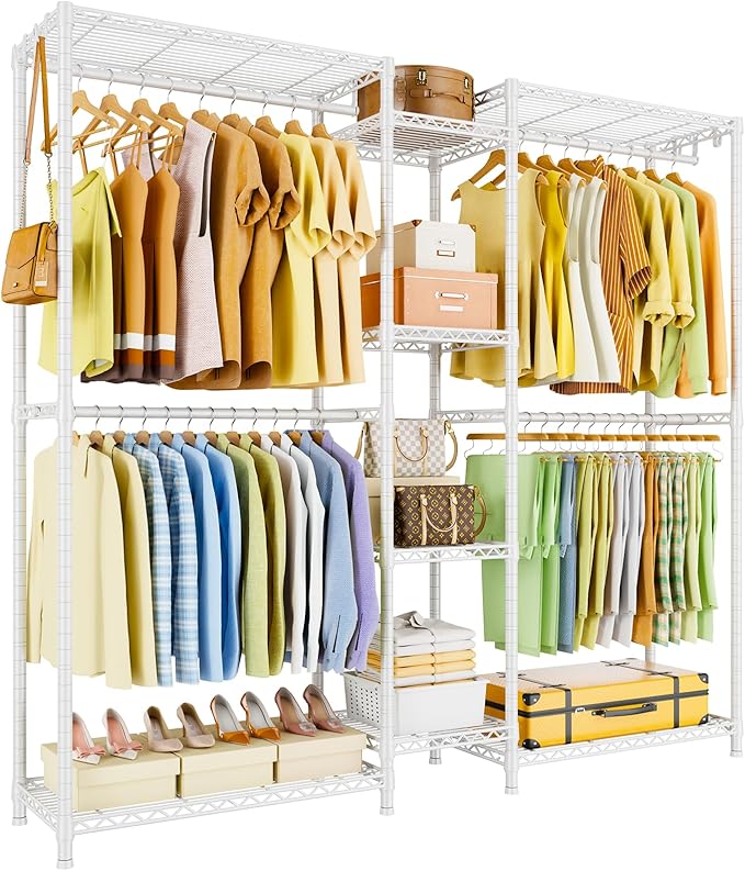 Ulif E4 Clothes Rack, Heavy-Duty Garment Rack, Metal Freestanding Clothing Organization Storage System Can Be L-shaped with Shelves and Hangers, Max Load 962lbs, 71.6" W x 14.5" D x 79.3" H, White