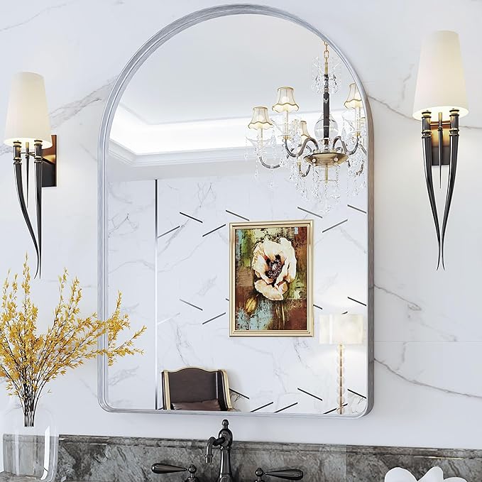 Suidia 26" x 38" Bathroom Mirror, Bathroom Vanity Mirror Metal Framed, Wall-Mounted Mirrors for Bedroom, Living Room, Entryway, Hallway, Silver, Arch Style