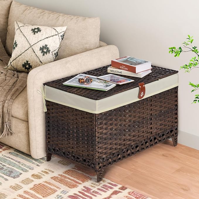 Wicker Storage Basket with Lid,Rattan Shelf Basket with Removable Liner Bag,200L Storage Bin,Storage Trunk with Heightened Feet,Storage Container for Wardrobe,Home Organizer