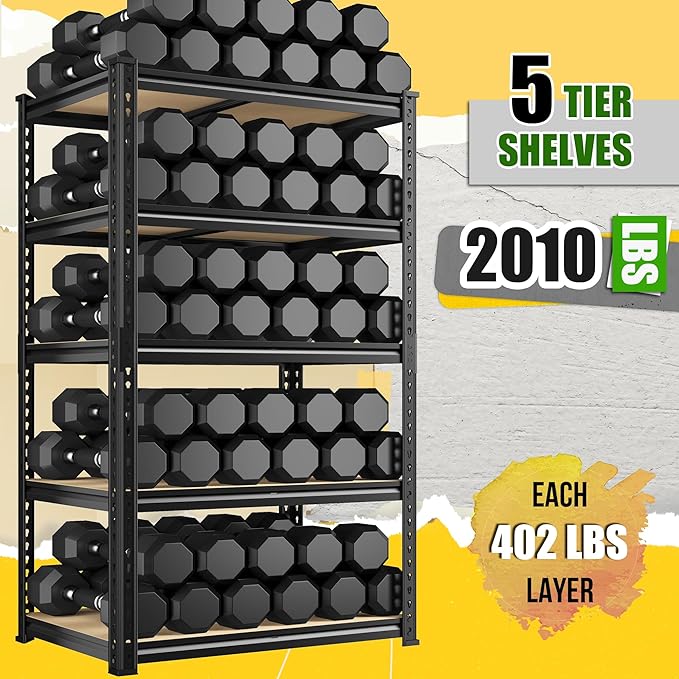 Set of 2 Storage Shelves 27.7"W Metal Shelving 2010LBS Garage Shelving Heavy Duty Garage Shelves Adjustable 5 Tier Metal Shelf for Pantry Kitchen Closet Basement Warehouse 11.9"D×27.7"W×60"H