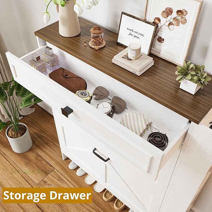 IRONCK Shoe Storage Cabinet with 2 Flip Drawers & Barn Door Design, Freestanding Shoe Cabinet Organizer with Drawer and Shelves for Entryway, Farmhouse Shoe Rack Cabinet, White/Walnut