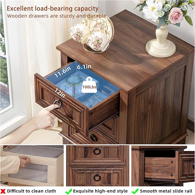 18" Farmhouse Night Stand with 3 Drawers, Wood End Table Dresser for Bedroom, Retro Nightstand, Bed Side Table with Metal Handle, Bedside Cabinet for Bedroom Living Room, Closet