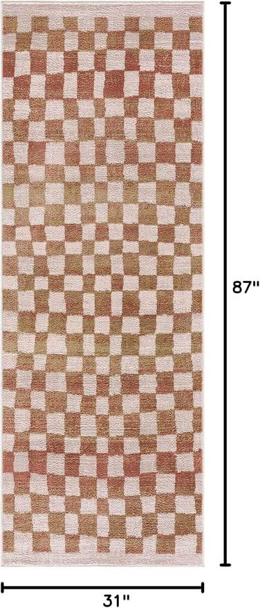 Hauteloom Pertek Modern Checkered Runner Rug - Modern Geometric Carpet for Hallway, Kids Room, Nursery - Bohemian Boho Carpet - Cream, Somon - 2'7" x 7'3"