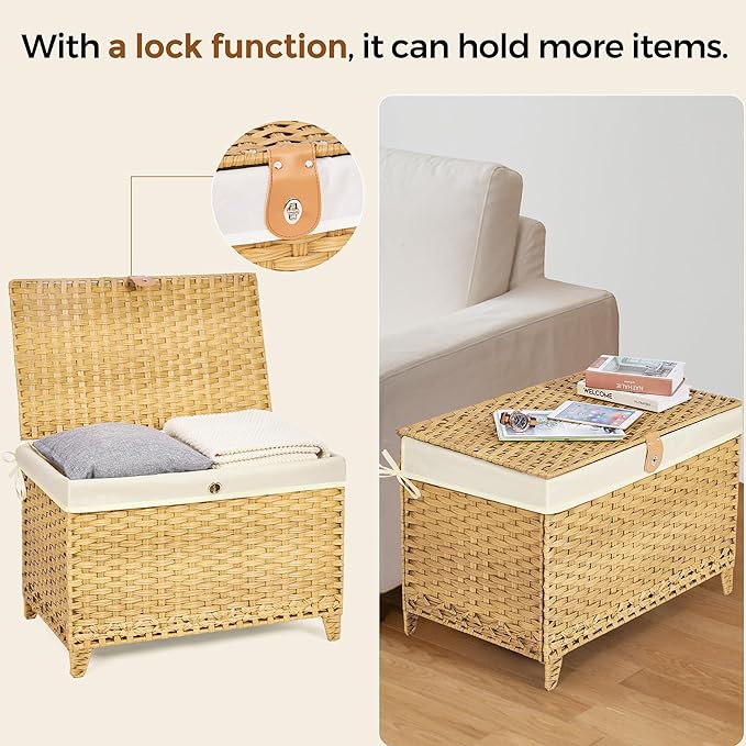 Wicker Storage Basket with Lid,Rattan Shelf Basket with Removable Liner Bag,160L Storage Bin,Storage Trunk with Heightened Feet,Storage Container for Wardrobe,Home Organizer
