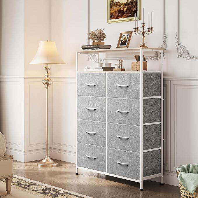 WLIVE Fabric Dresser for Bedroom with Open Shelves, Tall Dresser with 8 Drawers, Storage Tower with Fabric Bins, Chest of Drawers for Closet, Living Room, Hallway, Light Gray