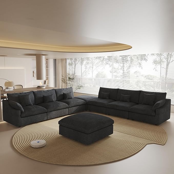 Modular Sectional Sofa with Ottoman for LivingRoom,156inch U Shaped Down Filled Cloud Couch,8 Seater Convertible V Shaped Living Room Sets,Cover Washable and Replaceable Couches for Living Room,Black