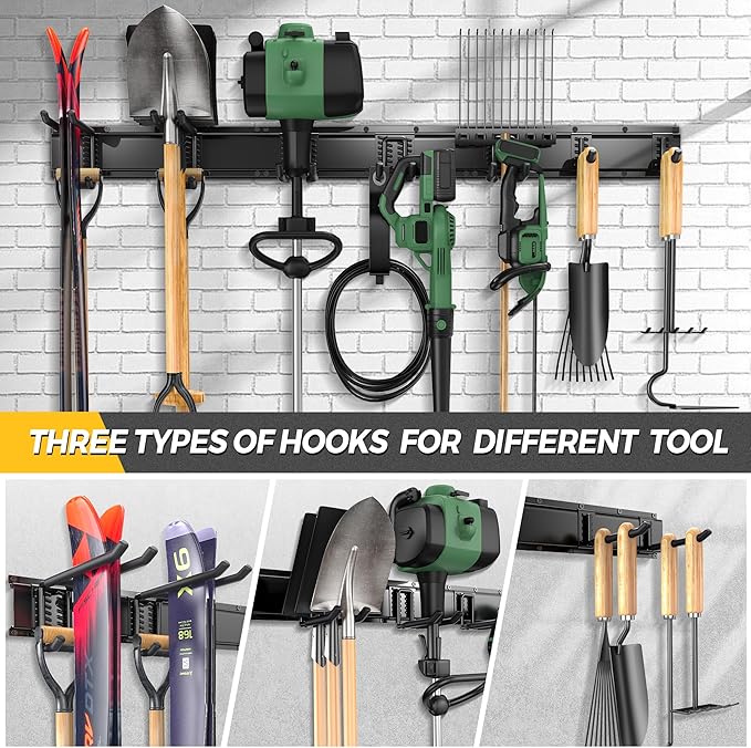 LBT 49.5"Garage Tool Organizer Wall Mount 500lbs Garden Tool Organizer for Garage with Adjustable Hooks,Heavy Duty Yard Tool Storage Rack, Anti-Rust Shed Rack Holder Hanging Rake Broom Mower Snowboard