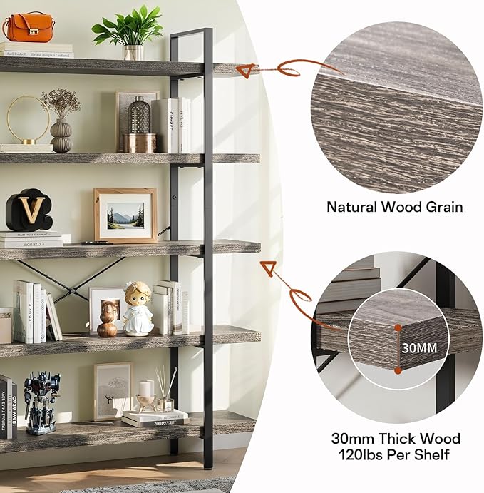 5-Tier Industrial Bookcase, 47 Inch Wide Wood Bookshelf, 120lbs Shelf Capacity, Rustic Open Shelving Heavy Duty Display with Reinforced Horizontal Grey Shelves for Living Room Bedroom Office