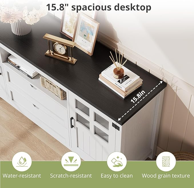 Farmhouse TV Stand with Storage, Entertainment Center TV Console for Living Room, Bedroom (Rustic White)