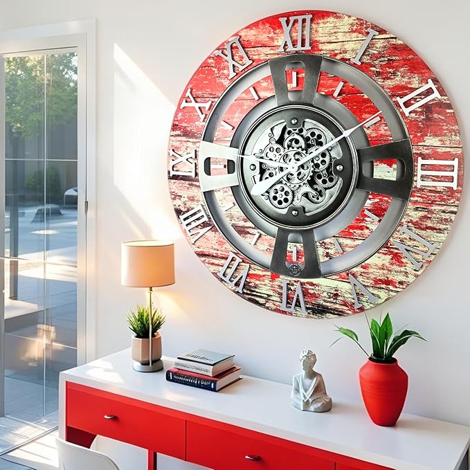 The Gears Clock Real Moving Gear Wall Clock England Line (Red Lava, 24 inches (60 cm))