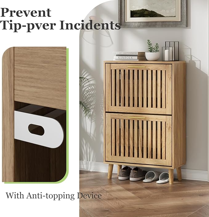 Shoe Storage Cabinet with Louvered 2 Flip Drawers, Narrow Shoe Cabinet Storage for Entryway, Freestanding Shoe Organizer Cabinet with Golden Handles, Slim Shoe Rack Cabinet 23.5in (Natural Wood)