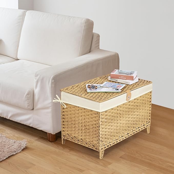 Wicker Storage Basket with Lid,Rattan Shelf Basket with Removable Liner Bag,160L Storage Bin,Storage Trunk with Heightened Feet,Storage Container for Wardrobe,Home Organizer