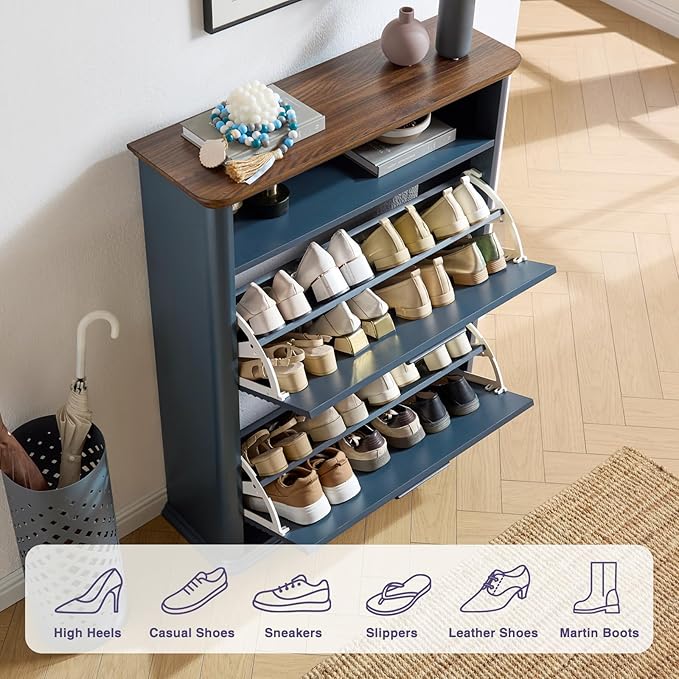 Okvnbjk Fluted Narrow Shoe Cabinet with 4 Flip Drawers, Hidden Shoe Storage Cabinet with Open Storage & Curved Profile Design, Wood Shoes Rack for Entryway, Hallway, Navy Blue