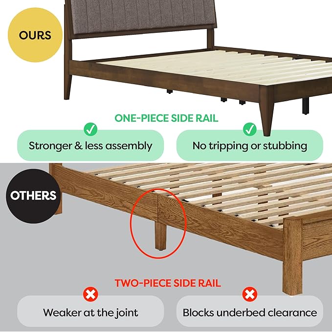 DG Casa Raven Solid Wood King Size Bed Frame - Mid Century Modern Style, Platform with Tufted Upholstered Adjustable Height Headboard, No Box Spring Required, Walnut Finish, Brown Fabric